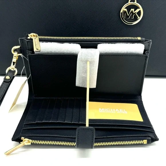 Michael Kors Large MF Pocket Shoulder Tote Bag & Double Zip Wallet Black/Gold